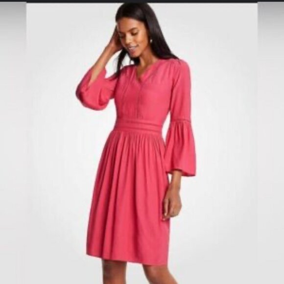 Ann Taylor Dress Pink Bell Sleeves Latice Midi Lightweight Sweet 4P Petite - Picture 1 of 13